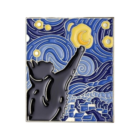 Starry Night Black Cat Enamel Pin Van Gogh Oil Painting Brooch Lapel Badge Set 4 - Picture 5 of 14